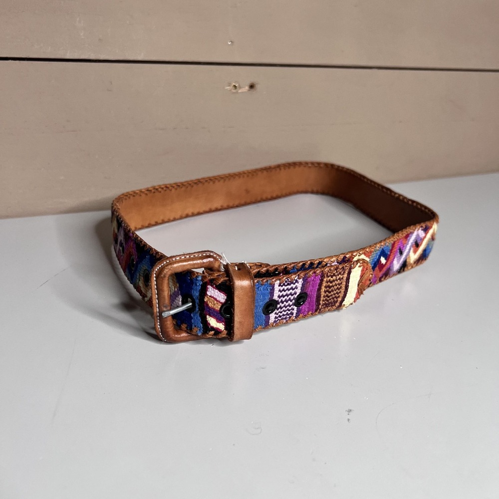 Vintage Guatemala Woven Leather Belt Multicolor Geometric Boho Artisan Size 90